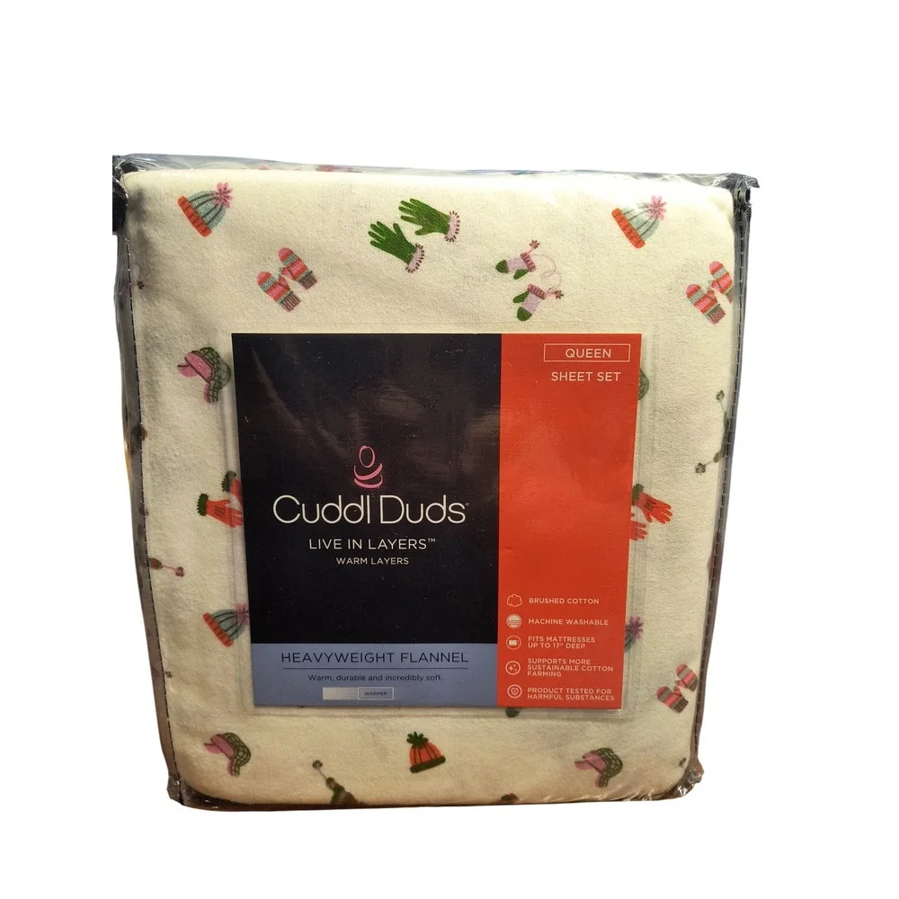 NWT Cuddl Duds‎ Queen Heavyweight Flannel Sheet Set Winter Hats Mittens Cream